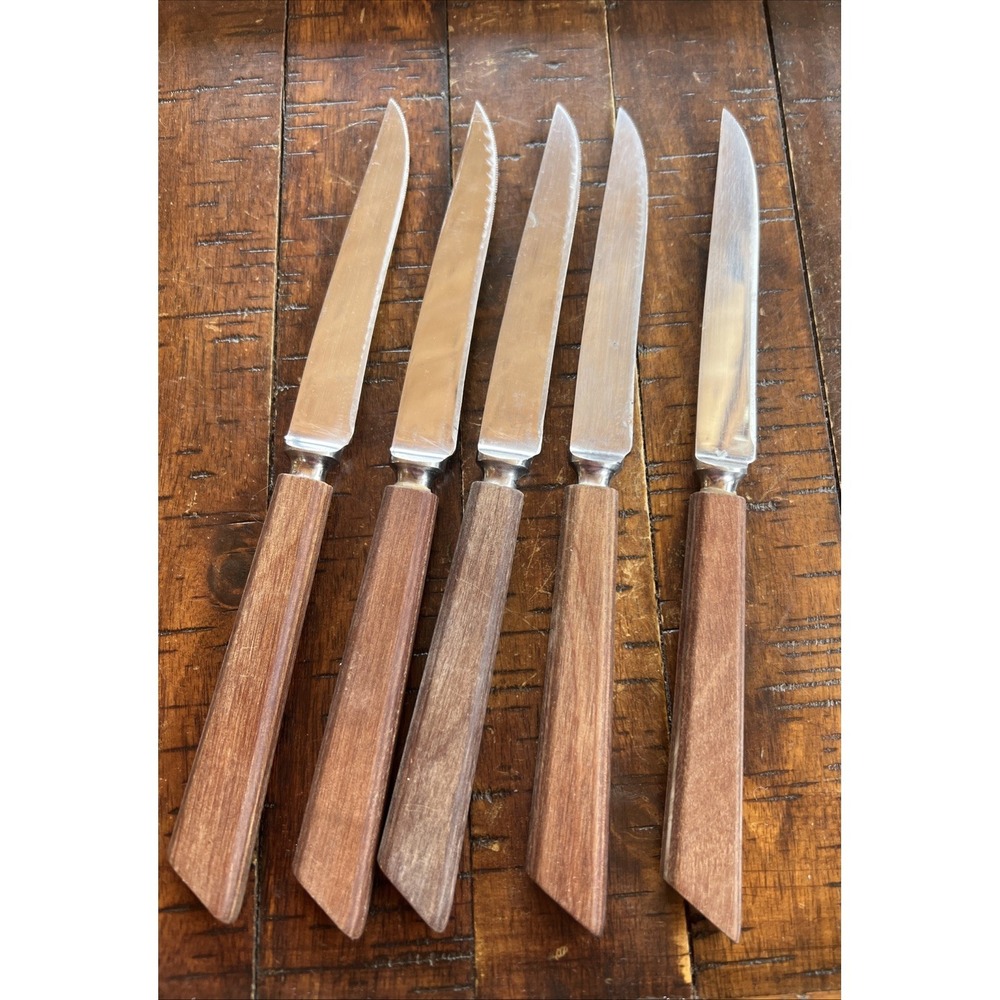 Set of 5 Kirk's Sheffield England‎ Stainless & Wood Handle Steak Dinner knives